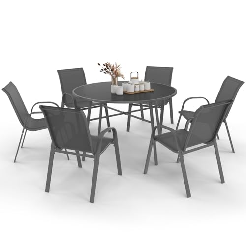 IDMarket - Salon de Jardin Madrid Table Ronde 120 CM et 6 chaises empilables Gris Anthracite