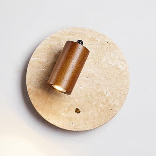 HXYSXHJUO Applique da Parete in travertino da 25 cm di Diametro, lampade a Parete in Pietra con faretto in Legno Regolabile, lampade Wabi-Sabi per Soggiorno, Camera da Letto, Stile Rustico,