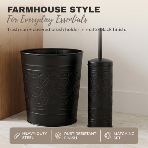 Image of Autumn Alley Handcrafted Black Farmhouse Bathroom Trash Can and Toilet Bowl Brush with Holder Set - Metal Black Bathroom Accessories Set for Classic Bathroom Decor