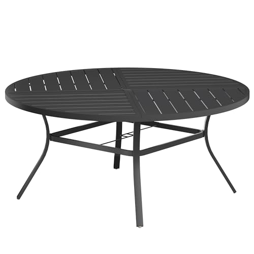 Image of VICLLAX Round Patio Table with Adjustable Umbrella Hole for 8, All Weather Metal Outdoor Dining Table for Lawn Garden, 59.8 inch Outdoor Coffee Table, Black Tabletop
