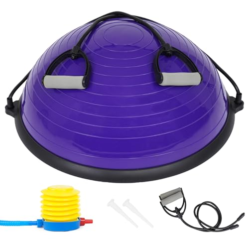 JINPALAY Entrenador de Equilibrio Fitness Ø 58cm, Pelota de Equilibrio Bossu Semiesfera con Inflador y Gomas, Soporta hasta 120kg, Ideal para Gimnasio y Ejercicios de Yoga y Pilates. (Morado)