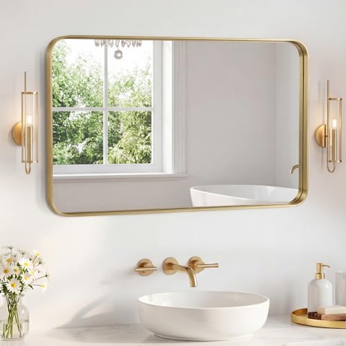 Image of Sweetcrispy Bathroom Mirror 48x32 Inch Metal Framed Rounded Rectangle Vanity Mirror for Wall, Over Sink, Farmhouse, Restroom, Anti-Rust, Modern Decorative, Horizontal or Vertical Hanging, Gold