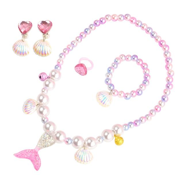 LOVEQI Mermaid Jewelry Set for Girls, 5 Pieces Kids Dress Up jewelry Pearl Necklace Bracelet with Heart Shaped Ring Earring for Mermaid Theme Party (Pink)