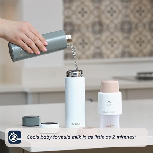Nuby - RapidCool™ - Preparador De Biberones Portátil - Enfría Leche En Polvo A Temperatura Ideal en 2 Minutos - Biberón Con Dispensador Leche En Polvo Bebe Y Tapa Digital - Termo Biberon Bebe Blanco