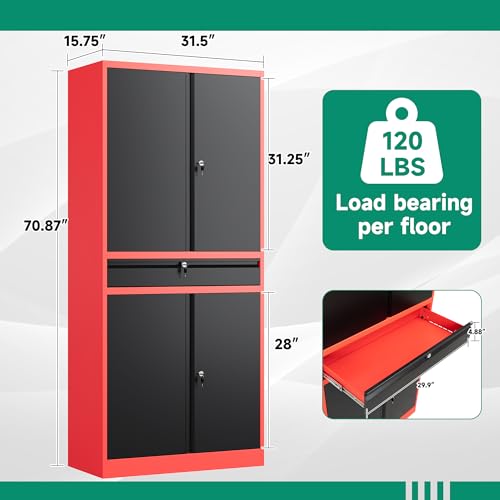 Image of Letaya Metal Garage Storage Cabinet with Drawer,4 Door Tool Cabinet with Adjustable Shelves for Garage Home Office Utility Room (Red)