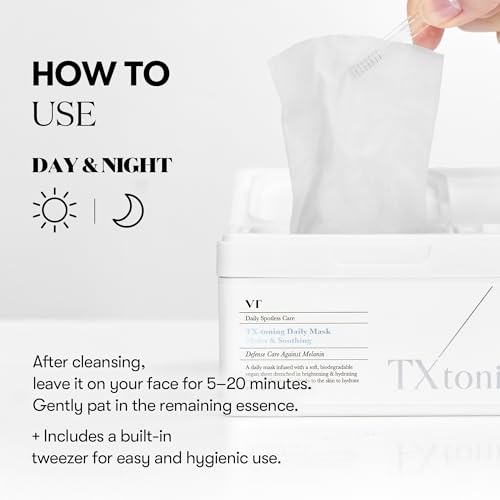 Image of VT COSMETICS TX Toning Daily Mask 30 Sheets, Tranexamic Acid, Niacinamide, Glutathione for Acne Scars, Dark Spots, Sun Spots, Hydrating & Glowing Facial Mask, Fragrance-Free, Korean Face Mask
