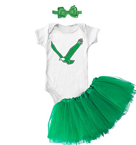 Eagle - Philly Sports Baby Bodysuit + Tutu Skirt + Bow Headband Set (White Bodysuit/Green Tutu, Newborn)