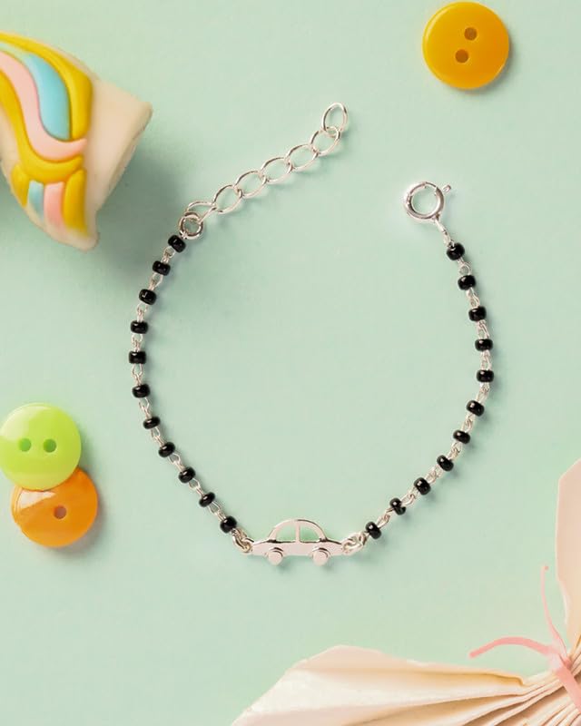Image of Clara 925 Sterling Silver Baby Kids Nazariya Car Bracelet With Black Beads | Gift For Baby Boys and Girls |Rakhi Rakshabandhan Gift for Sister Bhabhi | New Born to 1 Year Length 5 inch Adjustable||