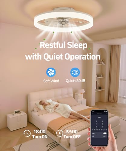 Smart Ceiling Fans with Light and Remote,20'' Low Profile Ceiling Fan with 6-Speed & Dimmable LED, Alexa/APP Home Voice Control, App, Reversible Airflow, App Timer, for Beedroom(White)