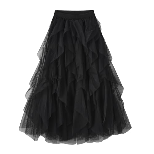 Kimily-UK Women's Tul Falda Elástica con Brazos Largos en Capas de Malla, Plisada Esponjosa Princesa Elegante para Fiesta Retro Maxi