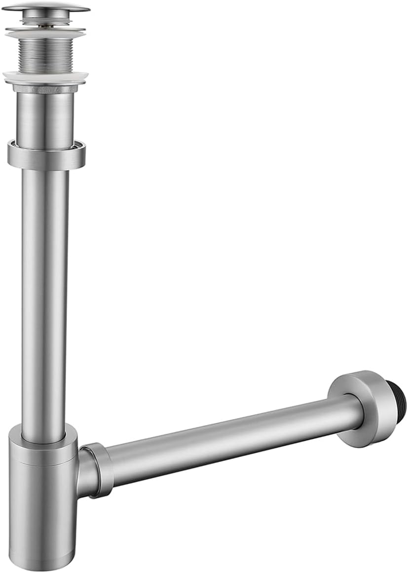 Brass Round Bottle P-Trap with Pop Up Drain Stopper,1 1/4 Adjustable Basin Sink Waste Drain Trap Kit Without Overflow,Brushed Nickel P Trap