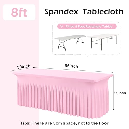 Image of 6 pk Baby Pink Spandex Tablecloth 8ft With Ruffled Table Skirt, Wrinkle Free Stretchy Fitted Tablecloths for 8 Foot Rectangle Tables, Elastic Spandex Table Covers for Weddings Parties Banquet