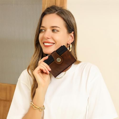 Image of Leather Wallet Women,RFID Blocking Slim Compact Card Holder with Zipper Coin Pocket,Top Grain Cowhide Bifold Women's Wallet(brownblack)