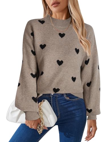 Image of Women's Long Sleeve Mock Neck Sweaters Loose Cute Heart Pullover Sweater