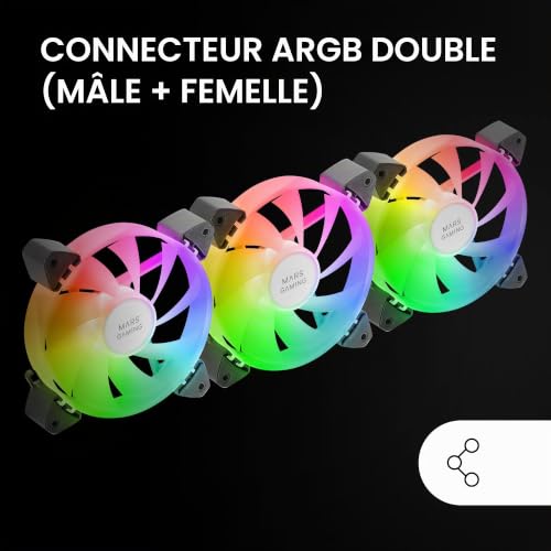 Mars Gaming MF-3A, Kit 3X Ventilateurs FDB Ultra Silencieux 120mm, Eclairage ARGB Rainbow 360° Sans Cadre, Compatibilité Totale avec Double Connecteur Mâle + Femelle, Noir