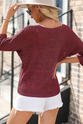 Dokotoo Womens Fashion Ladies Spring Summer Scoop Neck 3/4 Short Sleeve Crochet Top 2025 Pullover Sweaters Work Business Loose Shirts Beach Cover Ups for Women Burgundy XX-Large - Image 5