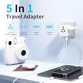 5 in 1 Adattatore Universale da Viaggio,Presa Universale da Viaggio con 1 USB A,2 USB C,1 Universale Presa,1 US/JP Presa,Adattatore Spina Internazionale per Italia UK US Australia Tailandia Messico