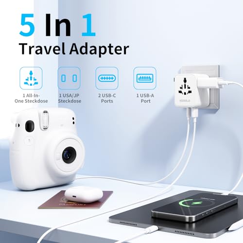 5 in 1 Adattatore Universale da Viaggio,Presa Universale da Viaggio con 1 USB A,2 USB C,1 Universale Presa,1 US/JP Presa,Adattatore Spina Internazionale per Italia UK US Australia Tailandia Messico - Hub USB - Immagine 1