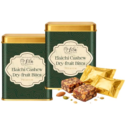 Image of LILA DRY FRUITS Dry Fruit Bites 200 g x 2 (400 g) Elaichi Cashew Dry Fruits Barfi | Dates, Cashews, Cranberries, Desi Ghee & Cardamom | Soft Energy Bites | Natural Sweet Snack for Daily Munching Perfect for Gifting