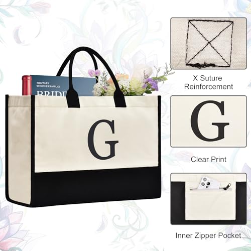 Image of GASSDA Initial Canvas Tote Bag Birthdays Gift for Women Mom Teacher Friend Bridesmaid,Custom for Wedding Beach Holidays