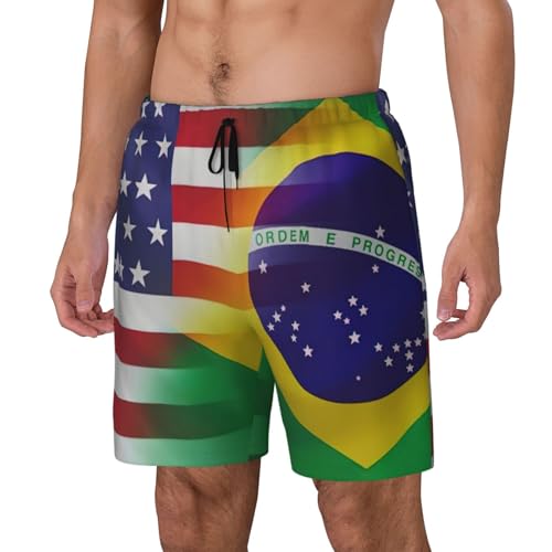 American and Brazilian Flags Print Swim Trunks Men Beach Pants Swimwear Shorts with Pockets for Surfing Swimming2