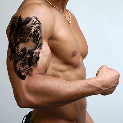 Padoun Animal Temporary Tattoos, 15-Sheet Black Tiger Lion Wolf Totem Adult Tattoos Temporary, Fake Tattoos Men #TOP5