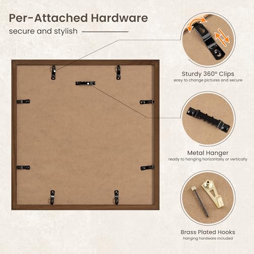 Image of FLYJOE 12x12 Oak Wood Square Picture Frame with Mat for 8x8, 12 by 12 USA-Sourced Natural Solid Wooden Photo Frame for Wall, Shatterproof Plexiglass, Hanging Hardware Included, 1 Pack, Walnut Color