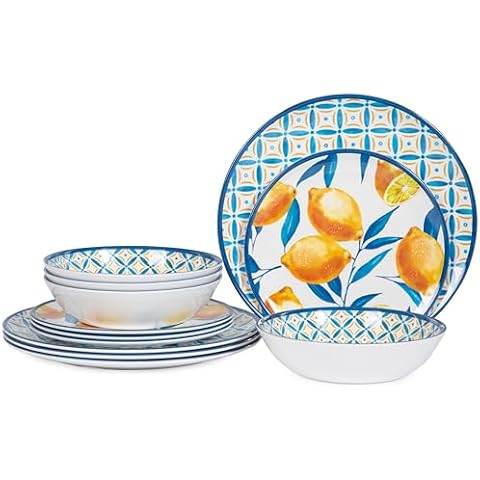 Webbylee Melamine Dinnerware Set of 12 Pcs Dinner Plate and Bowl Set- Elegant and Durable for Indoor and Outdoor Use-Geometric Floral Lemon Pattern（Yellow） Cover
