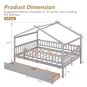 Full Size Bed Frame for Kids, Wood House Bed with 2 Drawers, Montessori Platform Bed with Roof and Fence for Boys Girls, Gray, 79.5''L x 57''W x 62.9''H Full Size Bed Frame for Kids Wood House Bed with 2 Drawers Montessori Platform Bed with Roof and Fence for Boys Girls Gray 795L x 57W x 629H