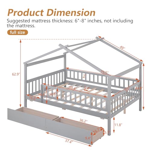 Full-Size-Bed-Frame-for-Kids-Wood-House-Bed-with-2-Drawers-Montessori-Platform-Bed-with-Roof-and-Fence-for-Boys-Girls-Gray-795L-x-57W-x-629H Full Size Bed Frame for Kids Wood House Bed with 2 Drawers Montessori Platform Bed with Roof and Fence for Boys Girls Gray 795L x 57W x 629H