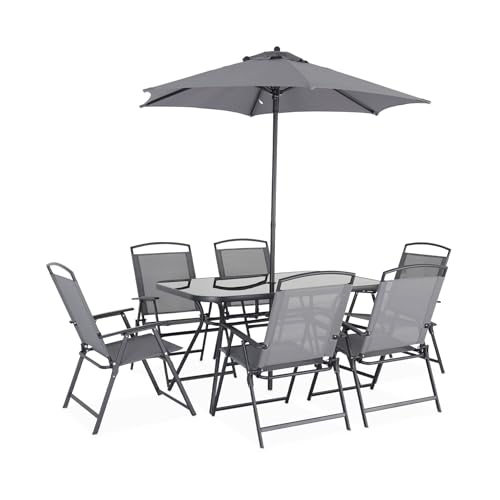 Alice's Garden - Table de Jardin Acier avec Parasol + 6 assises. Anthracite. Structure Acier avec revêtement Anti Rouille
