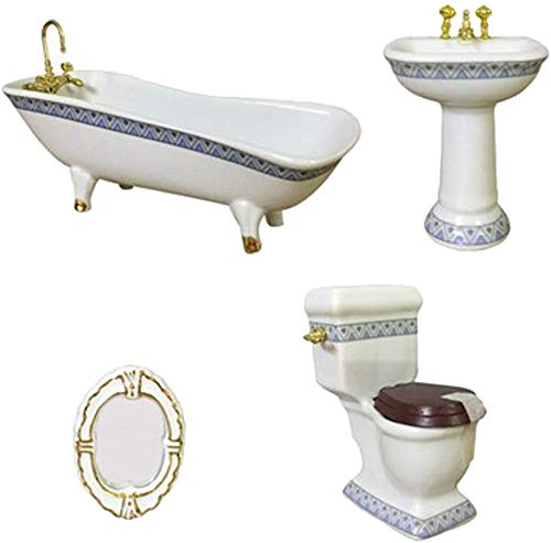 EPRHAY 1:12 Miniatur Bad Zubehör Badewanne WC Spüle Spiegel 4 Stück Puppenhaus Badezimmer Zubehör Puppenhaus Dekorationen Kit für Puppenhaus Möbel Dekoration Cover