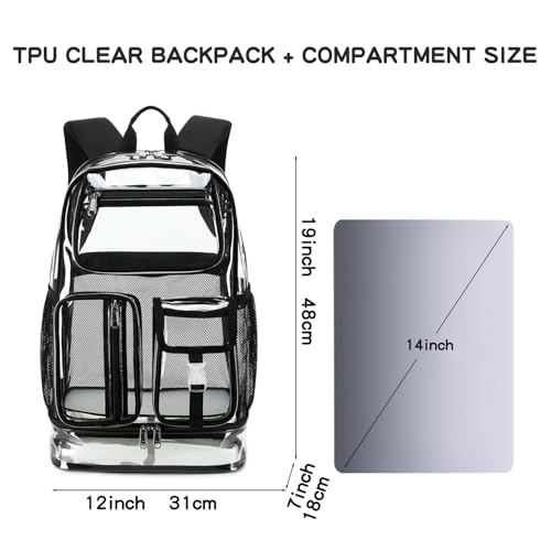Image of Heavy Duty Clear Backpack for Sport Event,16in BookBag with Shoe Warehouse | Gold See Through Stitch durable plastic Design 7-Pocket For School Adults work Warehouses Airport security,check events bag