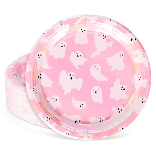 40Pcs Halloween Paper Plates Pink Ghost Foil Holographic Disposab...
