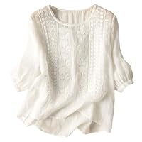 Blusa de gasa retro bohemia para mujer, estilo bohemio, bordada, floral, 2025, hippie con volantes, para mujeres mayores, fiesta, lino, encaje, estilo bohemio, club, mujer, campesino, blanco, M