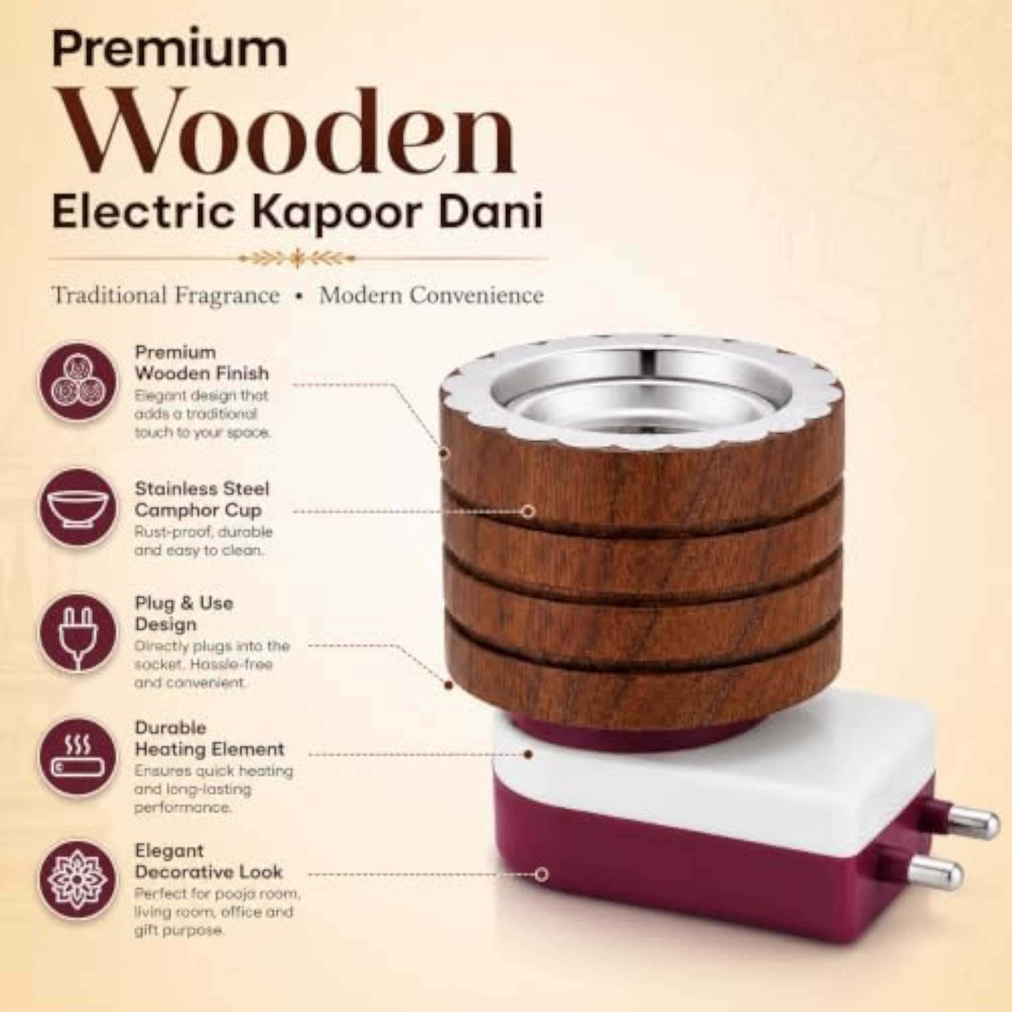 Electric Kapoor Dani, Camphor Diffuser with Stainless Steel Plate
