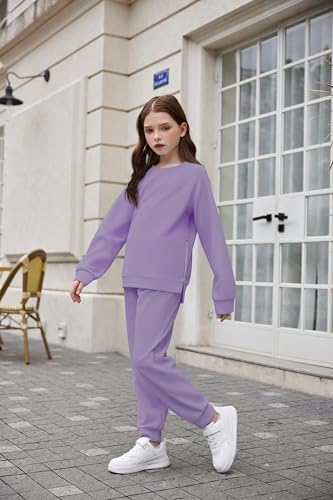 Arshiner Girls 2 Piece Outfits Tracksuits Casual Crewneck Sweatshirts Side Zipper Pullover and High Waisted Sweatpants Set3