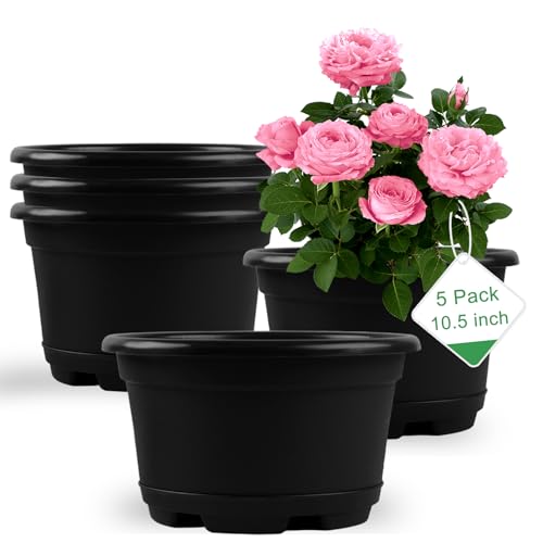 KPUVX 5 Pack 10.5 inch Plant Pots,Planter-Pots-for-Plants,Plastic Flower Pot for Indoor Outdoor Plants with Drainage Holes & Trays, Decorative Garden Containers Sets for Houseplants