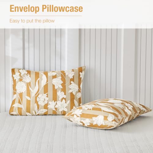 Image of Lekesky Orange Floral Duvet Cover King Size, Stripes Comforter Cover King Size Floral Printed Duvet Set, 3 Pieces Soft Microfiber Bedding Set with Zipper & 7 Ties (King, 104 inchx90 inch)