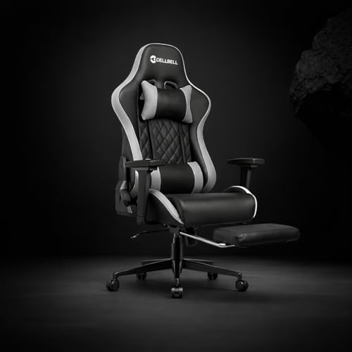 Image of CELLBELL Shadow FT Ergonomic Gaming Chair with Footrest Premium PU Leather 4D Armrests 180 Degree Recline Class 4 Hydraulic Tilt Lock Diamond Design Heavy Duty Base 60mm Wheels (Grey)