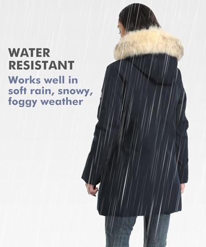 PUREMSX Winter Jackets for Women, Windproof Water Resistant Outdoor Puffer Coat Fur Hood Warm Skiing Parka Clearance,Navy,2X-Large - Thumbnail 4