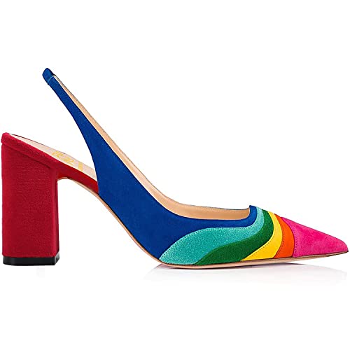 LEHOOR Women Rainbow Slingback Pumps Suede Chunky Block High Heel Dress Shoes Closed Pointed Toe Sandals Elastic Ankle Strap Office Work Shoe Multicolored Patchwork Wedding Party Prom Spring 4-13 M US2