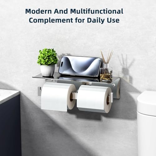 Image of Angle Simple Double Toilet Paper Holder with Shelf, Polished Chrome
