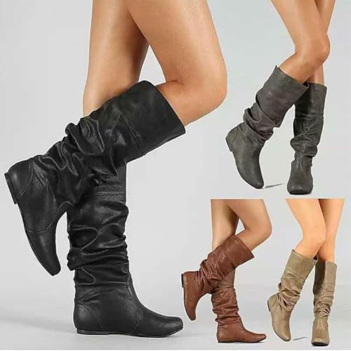 ticticlily Damen Stiefeletten Warm gefüttert Schlupfstiefel Langschaft Stiefel A Braun 38 EU