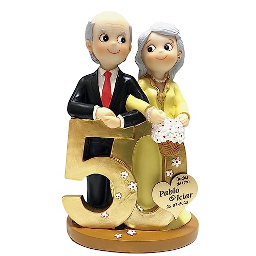 Figura Novios BODAS de ORO, 50 aniversario PERSONALIZADA con placa, para el pastel, tarta, regalo