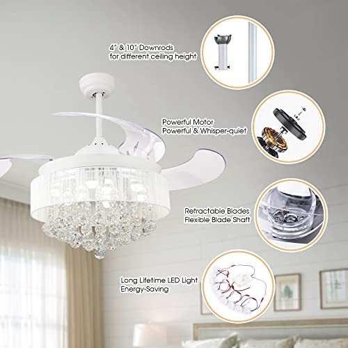 Parrot Uncle Ceiling Fans With Lights And Remote Modern Bedroom Ceiling Fan With Light And Retractable Blades Crystal Chandelier Ceiling Fans, 4000K Cool White Lights, 46 Inch, White #TOP2