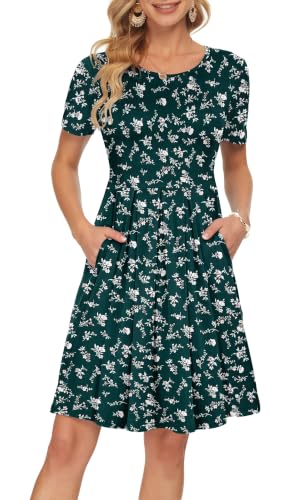 Image of AUSELILY Women's Short Sleeve Pleated Swing Summer Dress with Pockets | Knee-length short sleeve dress, empire waist & pockets, ideal for casual daily wear and vacation