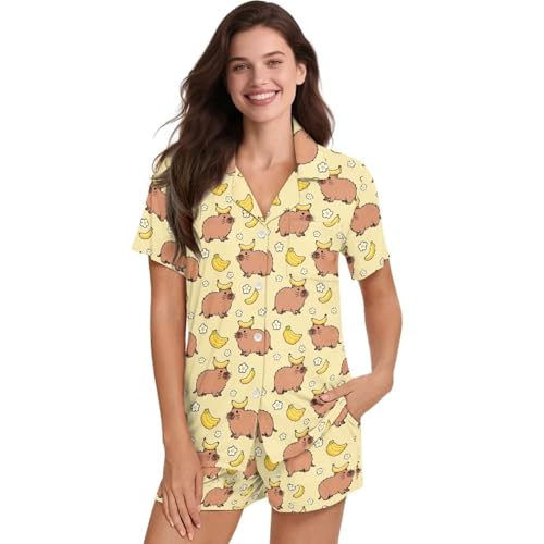 Image of Women's Short Sleeve Sleepwear Button 2 Piece Plus Size Pajamas Casual Soft Stretchy Funny Nightwear with Pockets