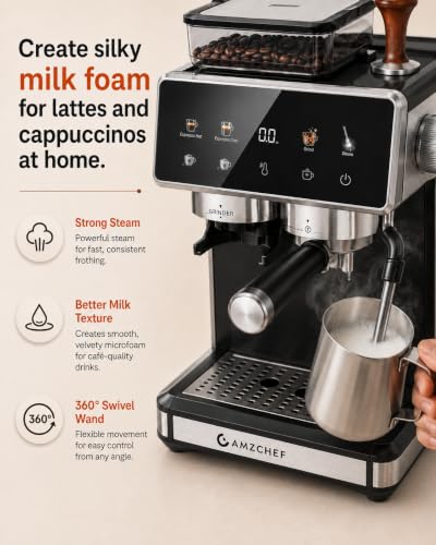 Image of AMZCHEF Espresso Machine with Grinder, Latte & Cappuccino for Home Use | 20 Grind Settings, Built-In Grinder, Hot & Cold Brew, 30s Heat-Up, 3 Temps, 3-10s Pre-Infusion, Milk Frothing, Compact Design