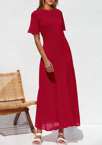 Image of PRETTYGARDEN Womens Eyelet Crochet Maxi 2 Piece Dress Sets | Knit Mesh Layered Two-Piece Dress, Short Sleeve Crew Neck Cover Up With Slip, Summer Resort Vacation Beach Hollow Out Dresses